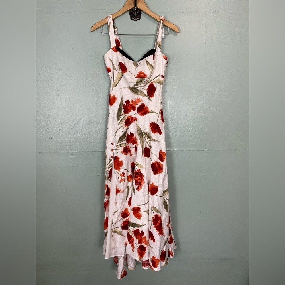 Reformation Bekki Linen Midi Dress Rubi‎ Novelty Floral White Red Sz 4 Sundress